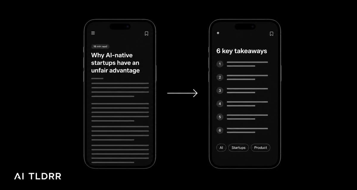 An article on an iPhone next to a TLDRR summary screen with six takeaways and topic tags