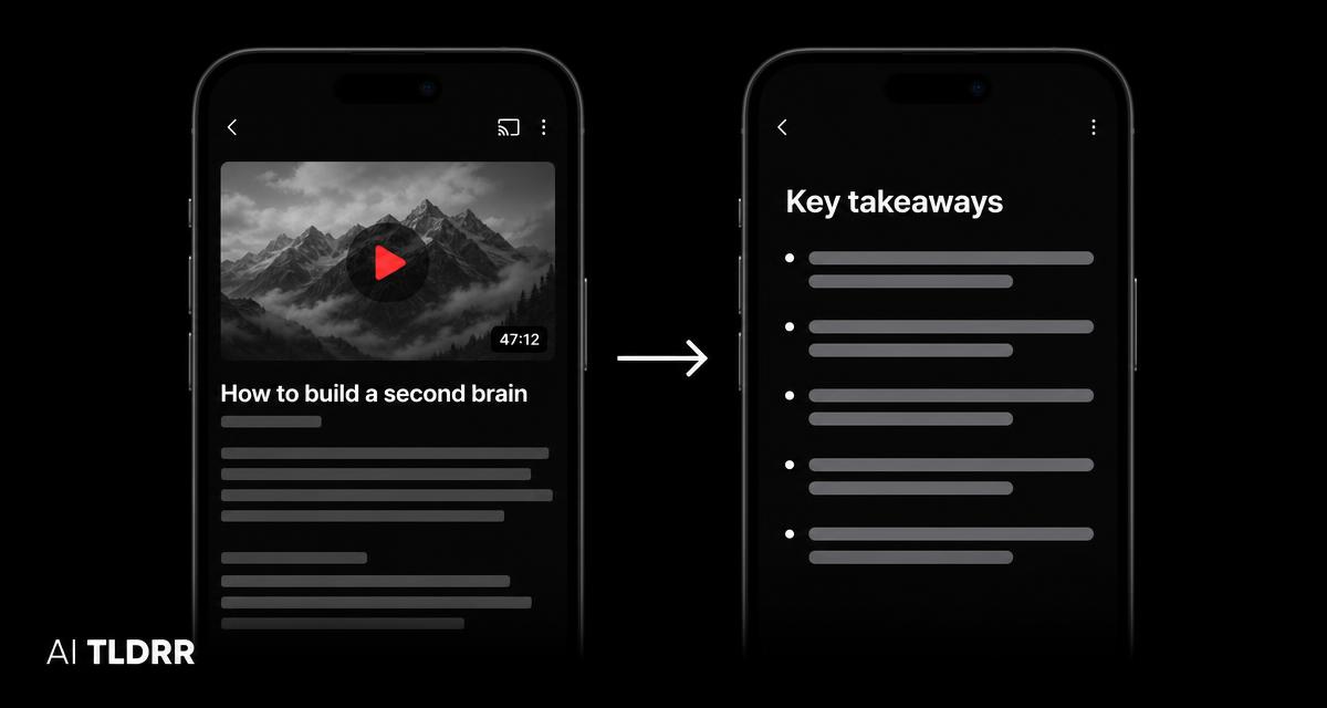 An iPhone showing a YouTube video beside a TLDRR screen listing key takeaways
